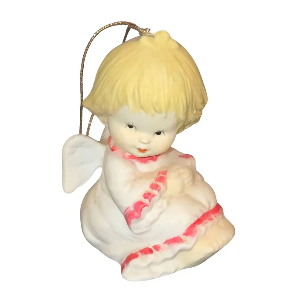 Vintage Pair of Red & White Porcelain Angel‎ Baby Cherub Christmas Ornaments